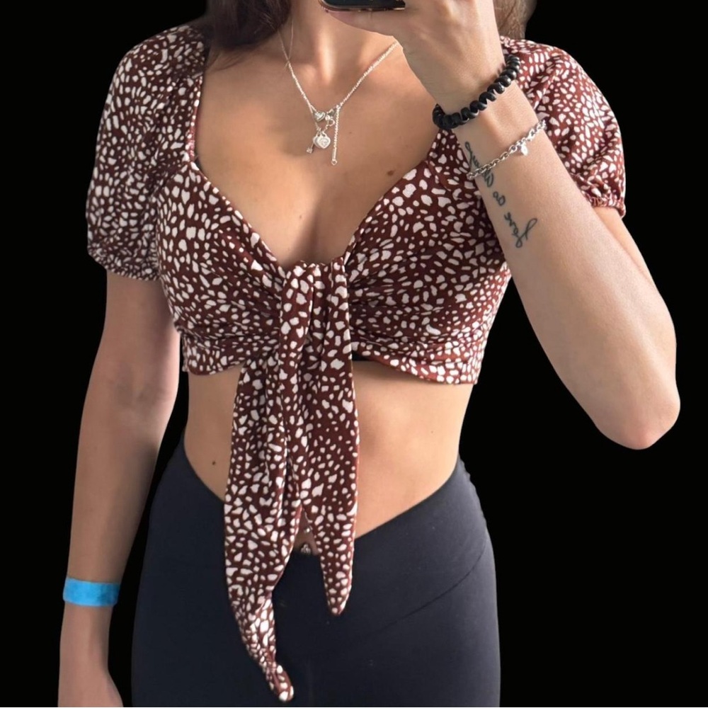 Windsor Brown and White Patterned Tie-Front Crop Top